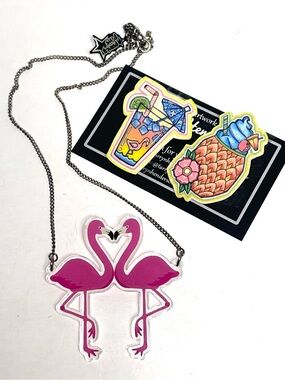 🦩 Flamingo Tiki Jewelry Pineapple Necklace and Brooches Set
